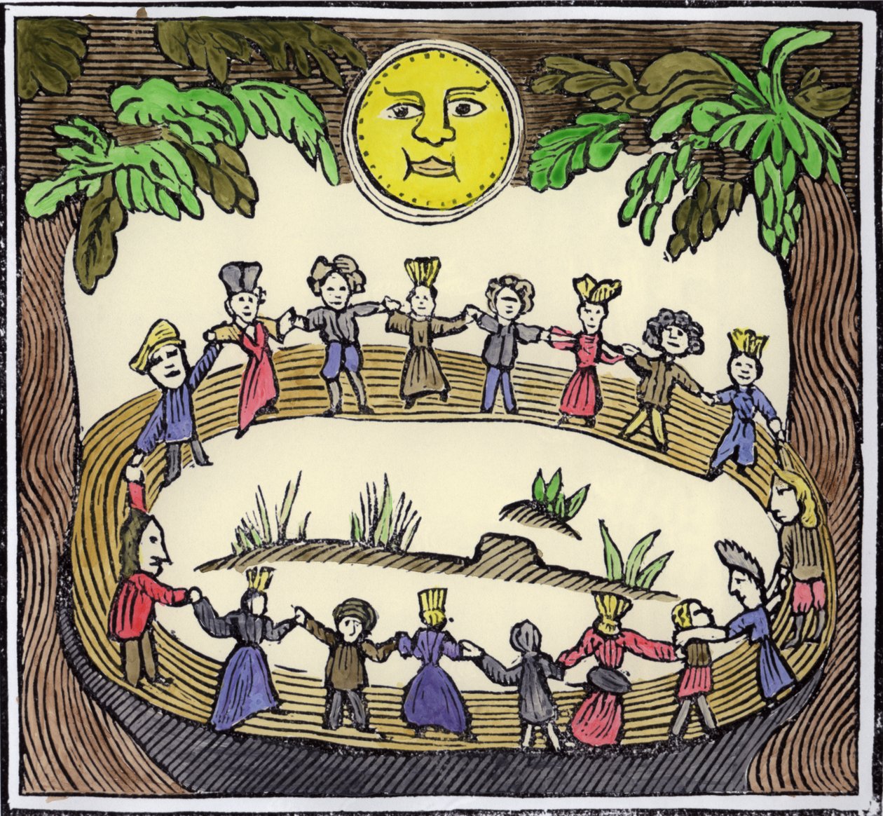 Krąg wiedźm tańczących pod pełnią księżyca, ilustracja ze zbioru książeczek o ezoteryce (późniejsze zabarwienie) autorstwa William Linnell