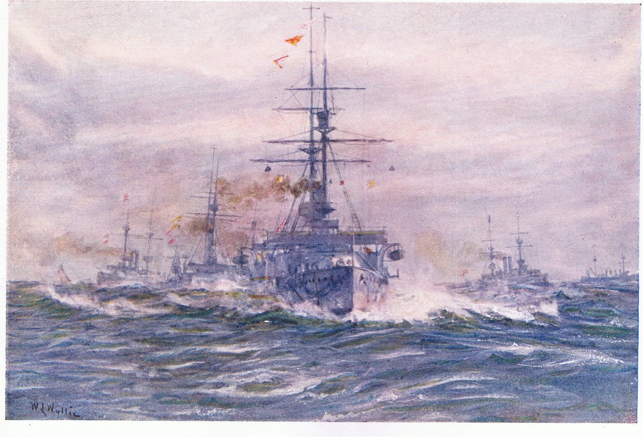 Pancerniki Białej Ery na morzu, 1915 r. autorstwa William Lionel Wyllie