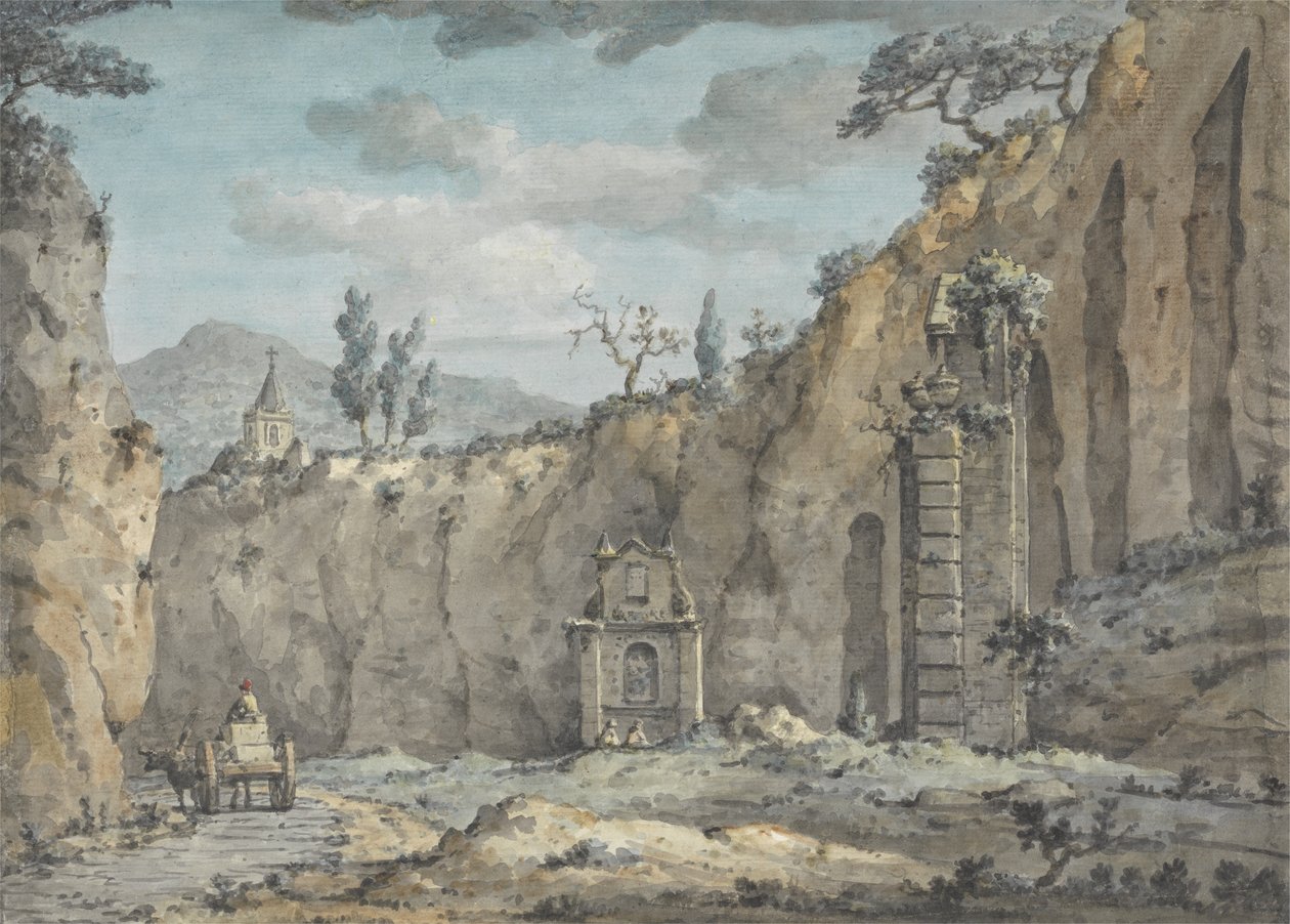 Wózek wołowy w grocie w Posillipo, ok. 1770 (wc nad grafitem na papierze) autorstwa William Marlow