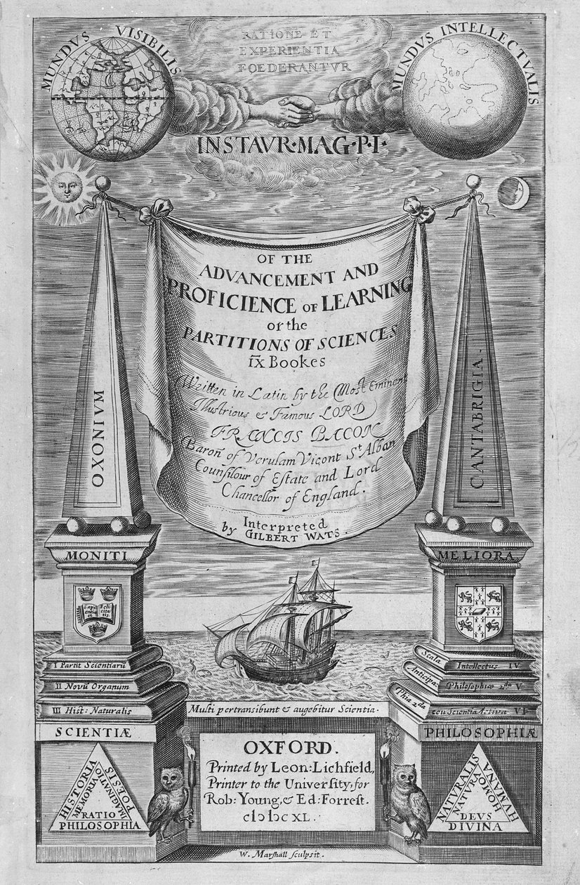 Strona tytułowa do „O postępie i biegłości w nauce” Francisa Bacona, 1640 autorstwa William Marshall