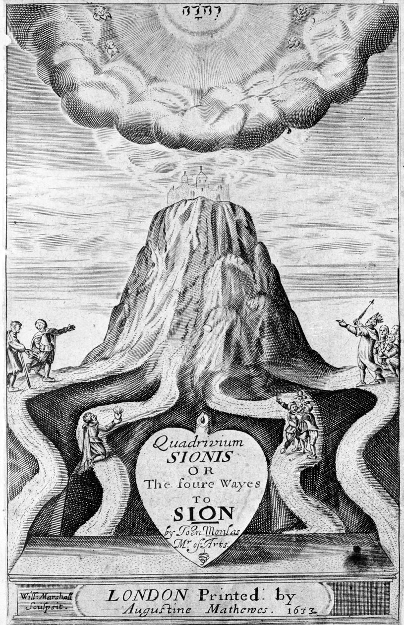 Strona tytułowa do „Quadrivium Sionis lub cztery drogi do Syjonu”, John Monlas, 1633 autorstwa William Marshall