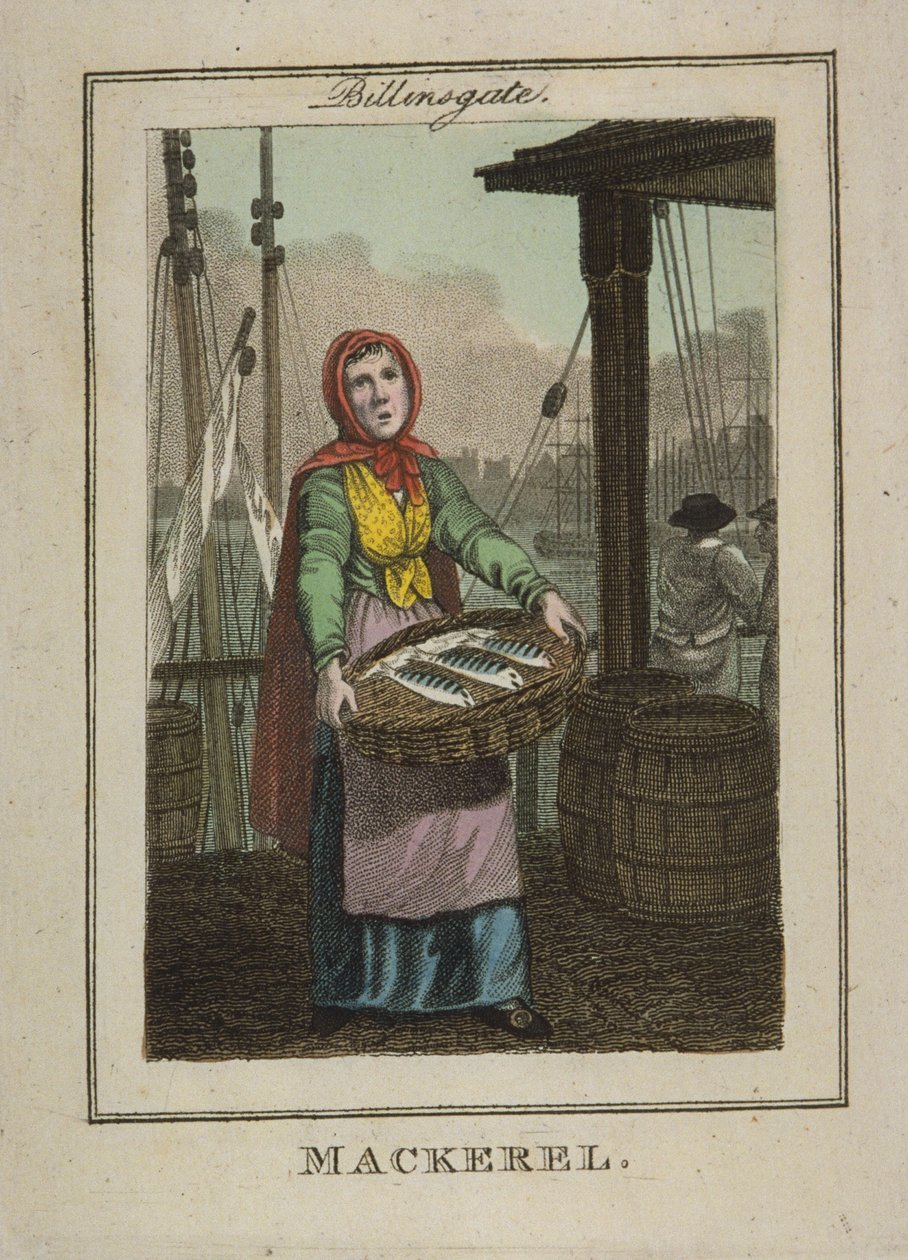 Sprzedawca makreli na Billingsgate, 1804 (rycina ręcznie kolorowana) autorstwa William Marshall Craig