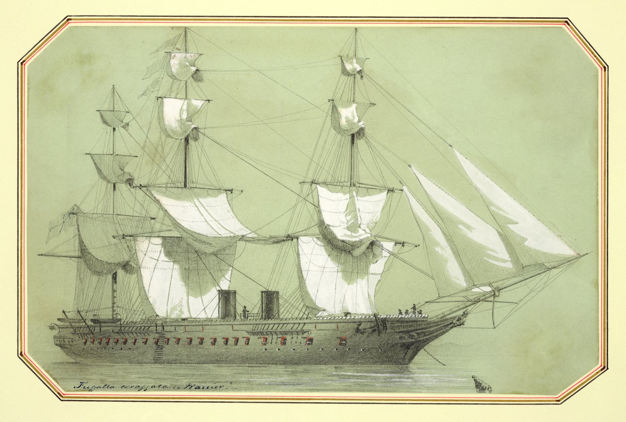 „Warrior”, pierwszy brytyjski żelazny okręt wojenny, oddany do użytku przez rząd w 1859 r. i na morzu do 1861 r. (ołówek podkreślony bielą) autorstwa William McConnell