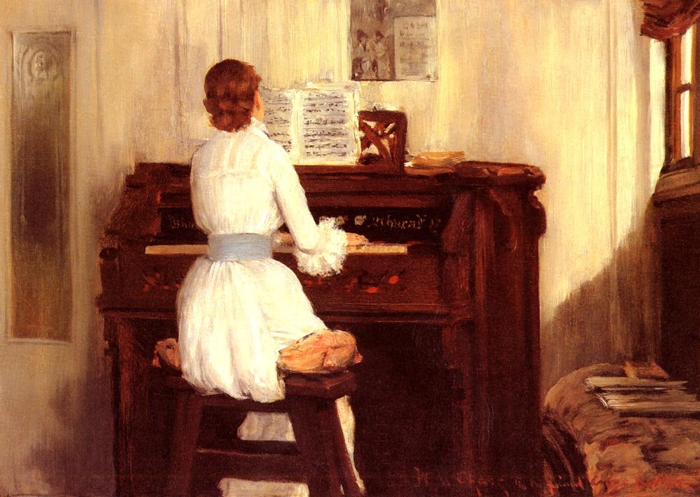 Pani Meigs przy organach fortepianu autorstwa William Merritt Chase