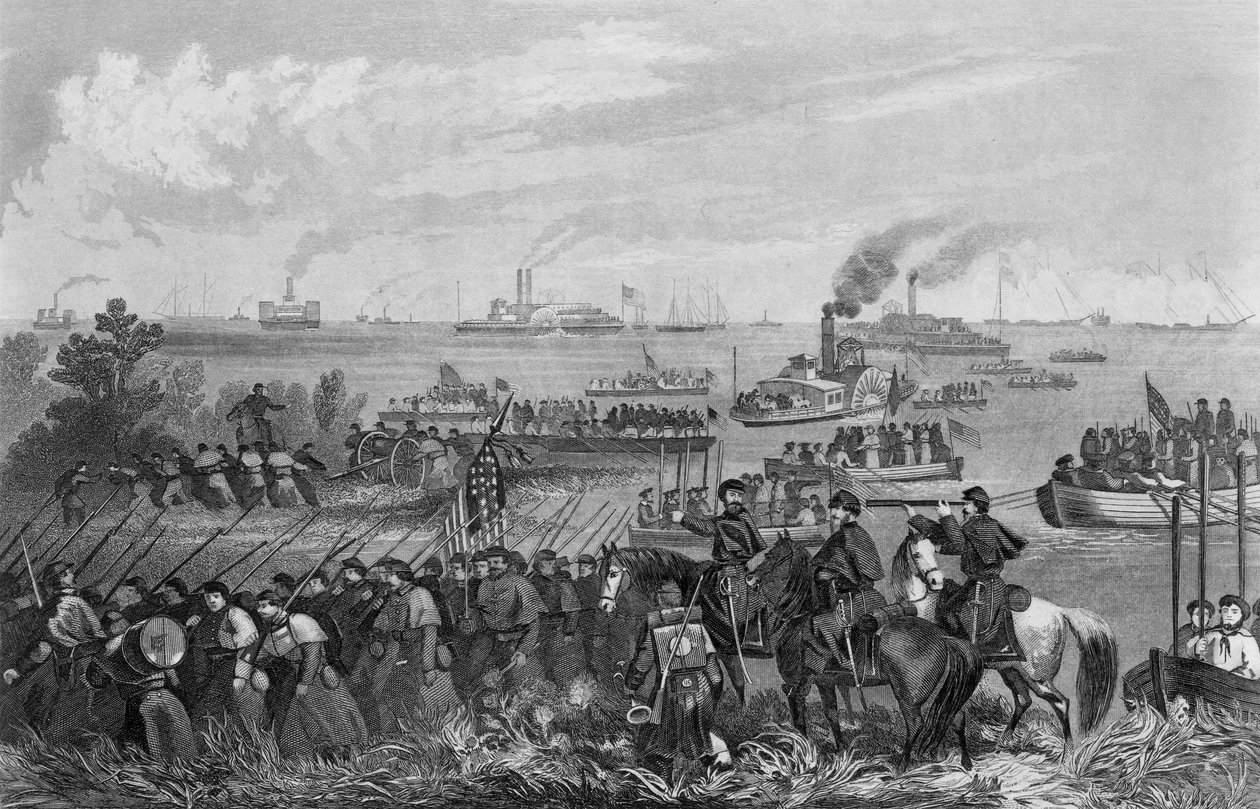 Lądowanie wojsk na wyspie Roanoke, wyprawa Burnside, 8 lutego 1862 r., rycina George E. Perine autorstwa William Momberger