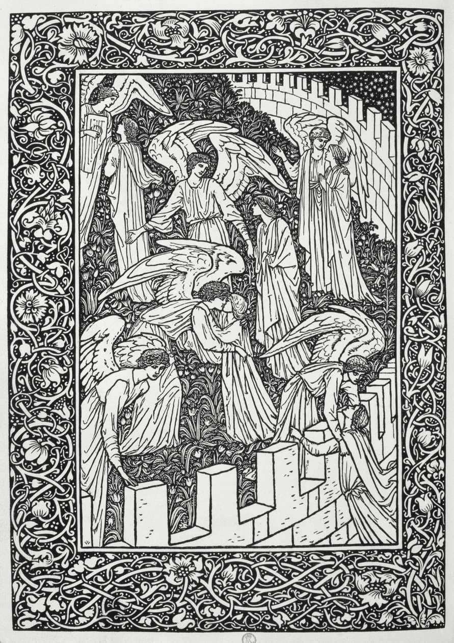 Anioły za wewnętrznym sanktuarium, z „The Kelmscott Chaucer”, opublikowanej przez Kelmscott Press, 1896 autorstwa William Morris