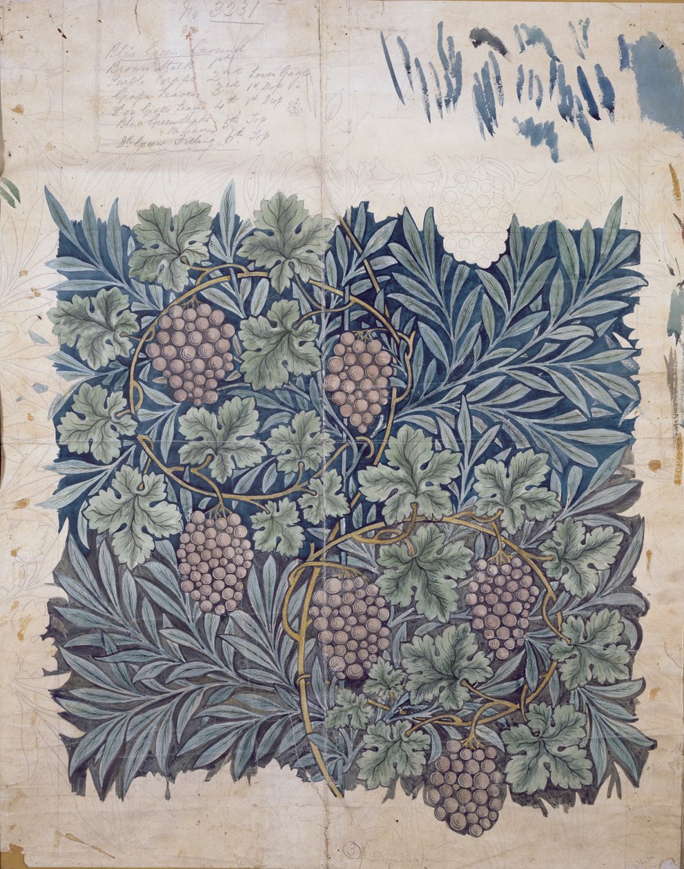 Wzór liścia i winogrona do tapety „Winorośl” (ołówek i toaleta na papierze) autorstwa William Morris