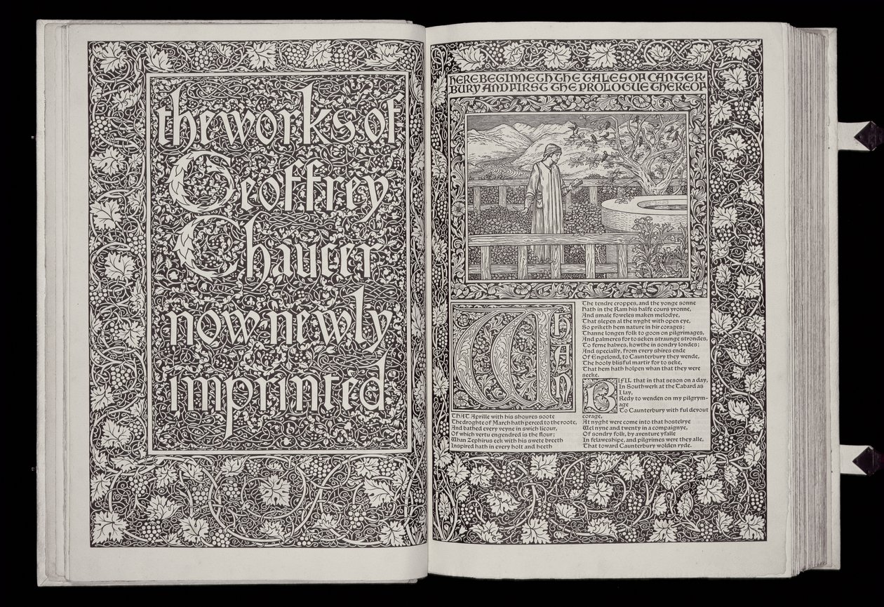 Strona tytułowa i frontispis z „Dzieła Geoffreya Chaucera”, wydanego przez Kelmscott Press, 1896 (drzeworyt i czarna czcionka na papierze) autorstwa William Morris