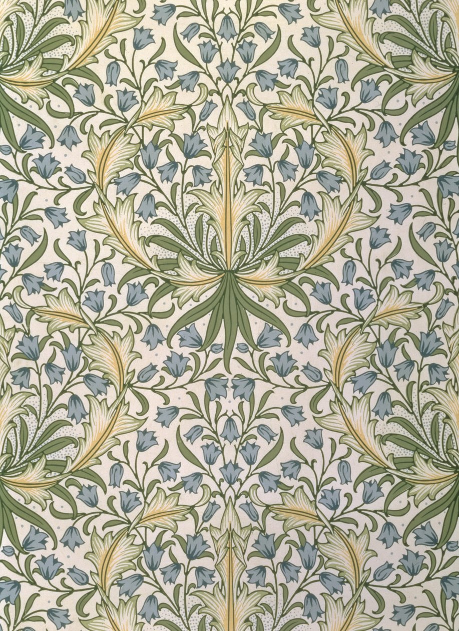 Tapeta z małymi niebieskimi kwiatami w dużych zielonych liściach zaprojektowana przez Williama Morrisa (1834-96) autorstwa William Morris