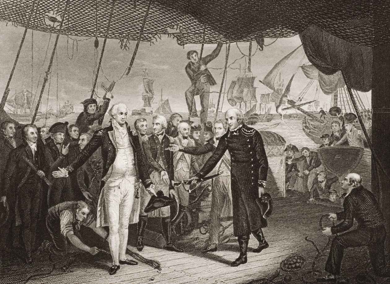 Zwycięstwo Lorda Wicehrabiego Duncana, ilustracja z „Bitwy Anglii na morzu i lądzie” Lieuta. płk Williams autorstwa William Orme