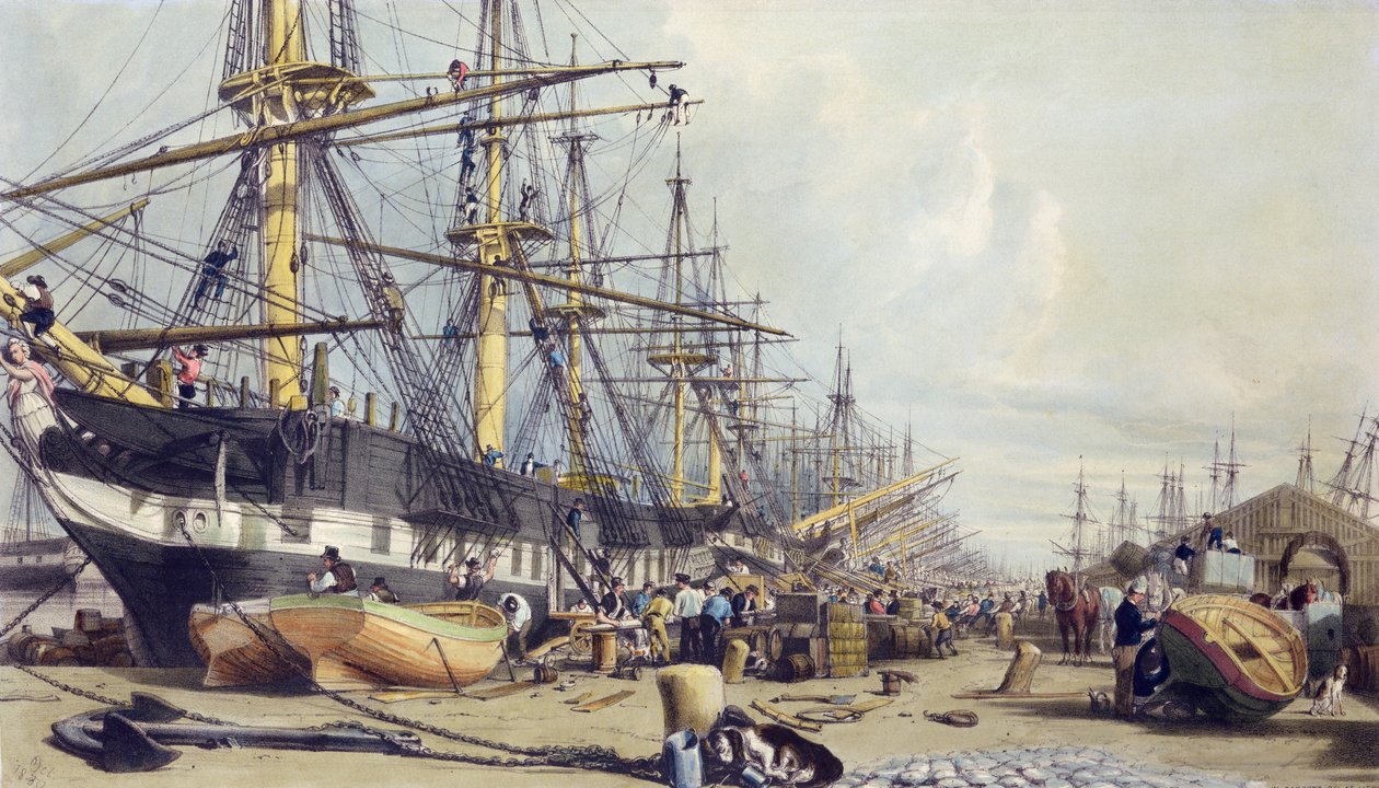 Doki Zachodnioindyjskie, z "Londynu znad Tamizy", 1840 r. autorstwa William Parrott