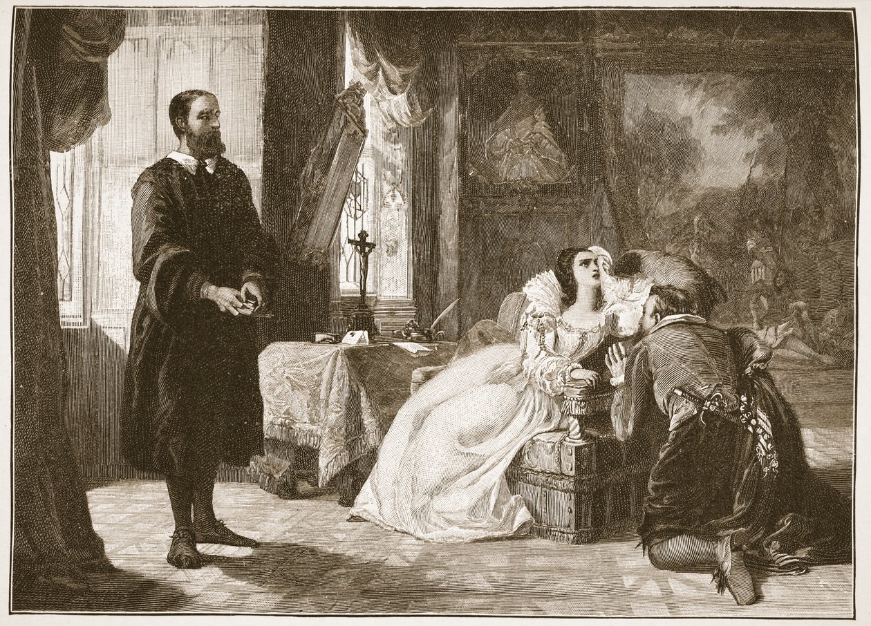 John Knox upomina Marię, królową Szkotów, ilustracja z „Kościoła anglikańskiego: historia dla ludu” autorstwa H.D.M. Spence-Jones, wyd. ok. 1910 (zdjęcie w sepii) autorstwa William Powell Frith