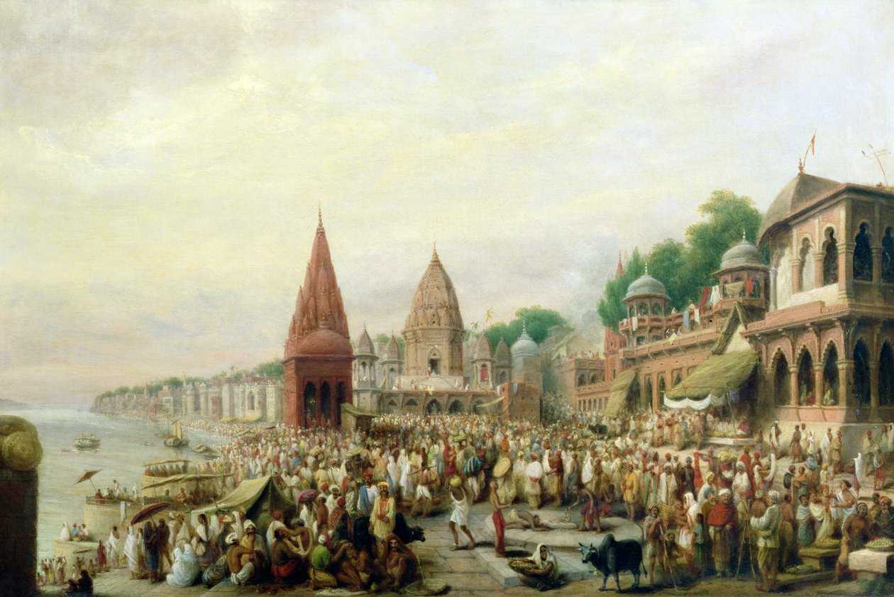 Widok Dasaswamedh Ghat, Benares, podczas festiwalu Dasera autorstwa William Prinsep