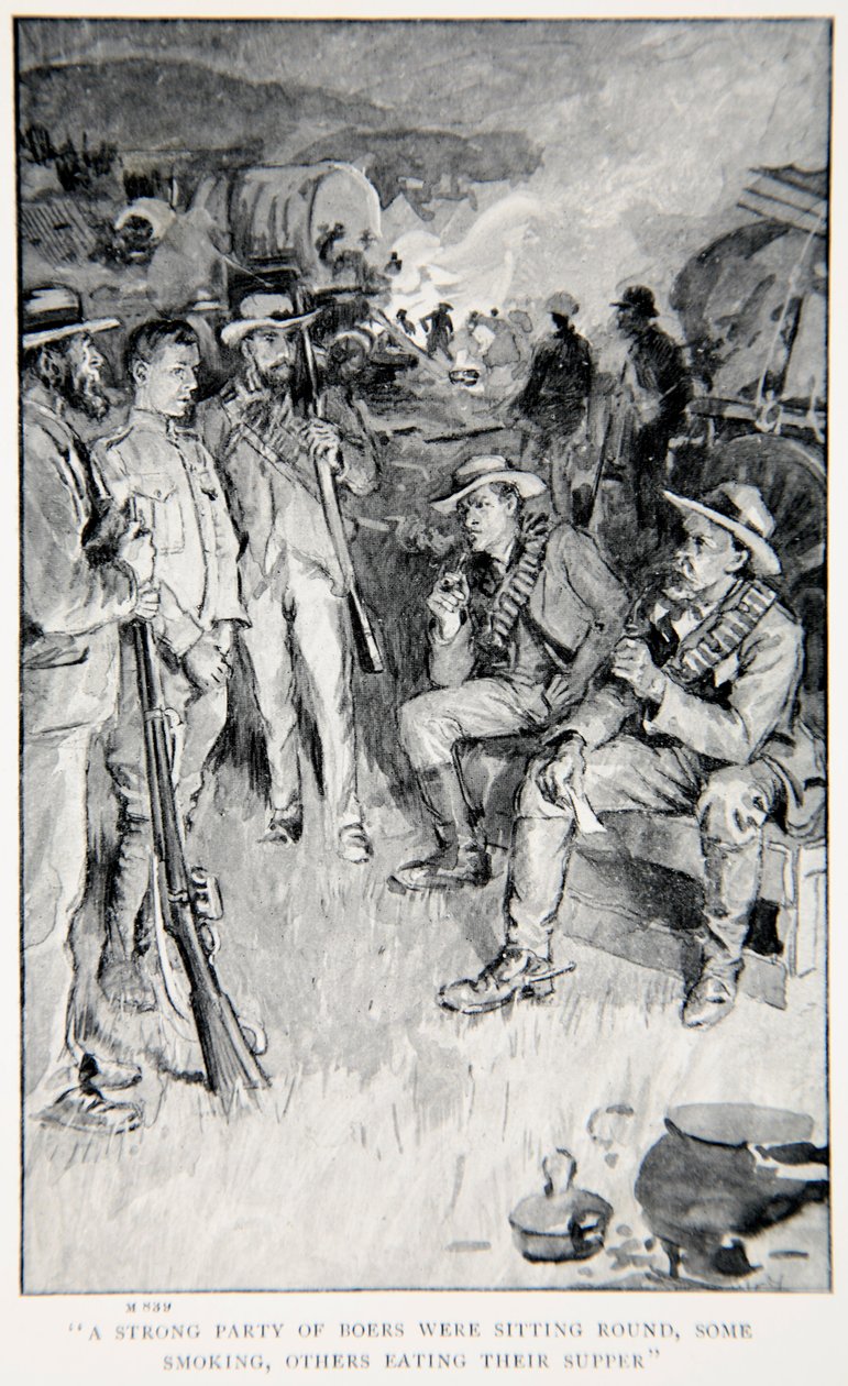 Silna grupa Burów siedziała wokół, niektórzy palili, inni jedli kolację, ilustracja z "With Roberts to Pretoria: A Tale of the South African War