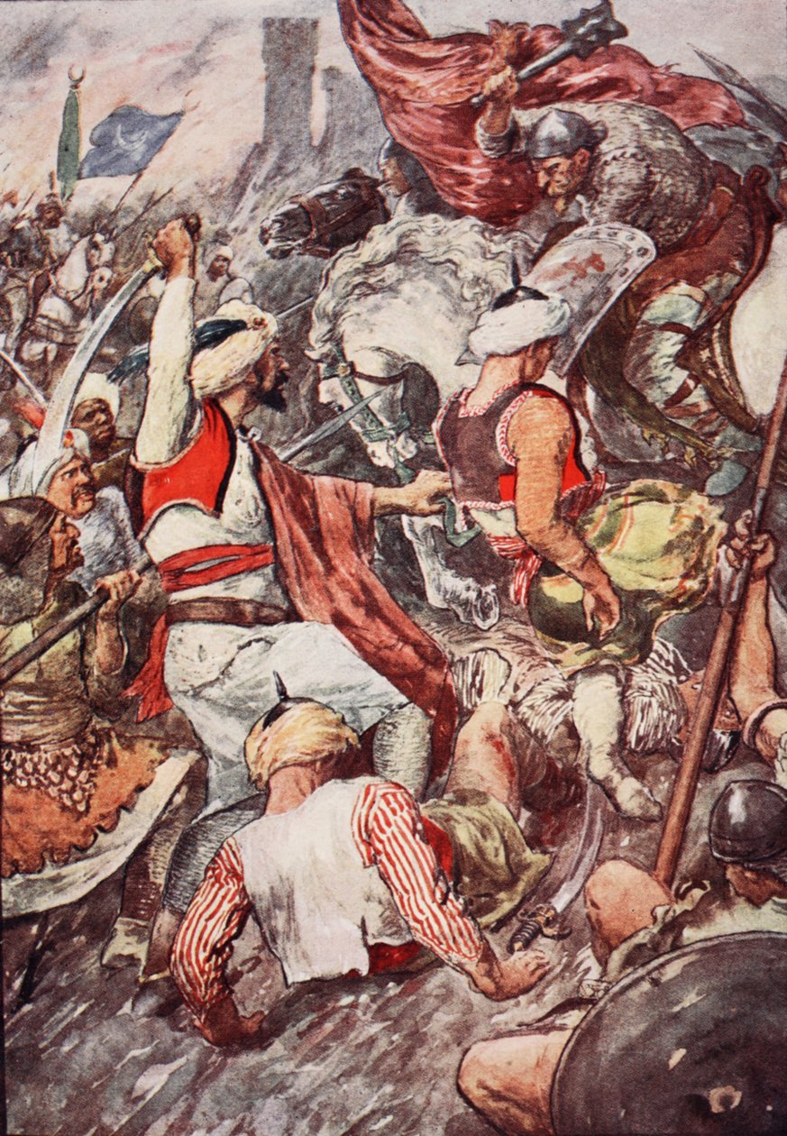 Z powodu ciężkich ciosów, jakie książę Karol zadawał Saracenom, nazywano go Karolem Młotem", ilustracja z książki "The Story of France Told to Boys and Girls" Mary Macgregor, 1920 r. (kolor) autorstwa William Rainey