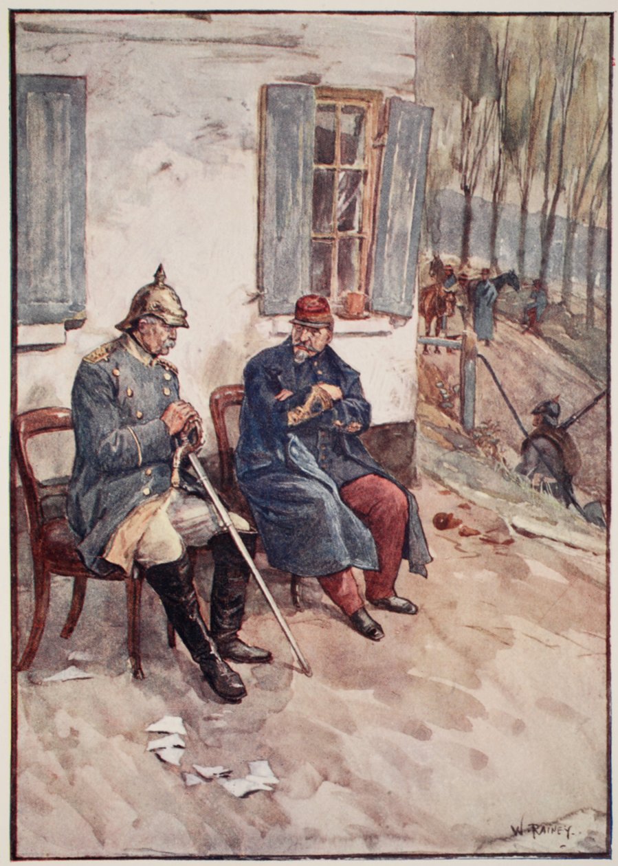 „Sprowadzono krzesła, aby Napoleon i minister mogli siedzieć na dworze”, z „Historii Francji opowiedzianej chłopcom i dziewczętom przez Mary Macgregor, 1920 autorstwa William Rainey