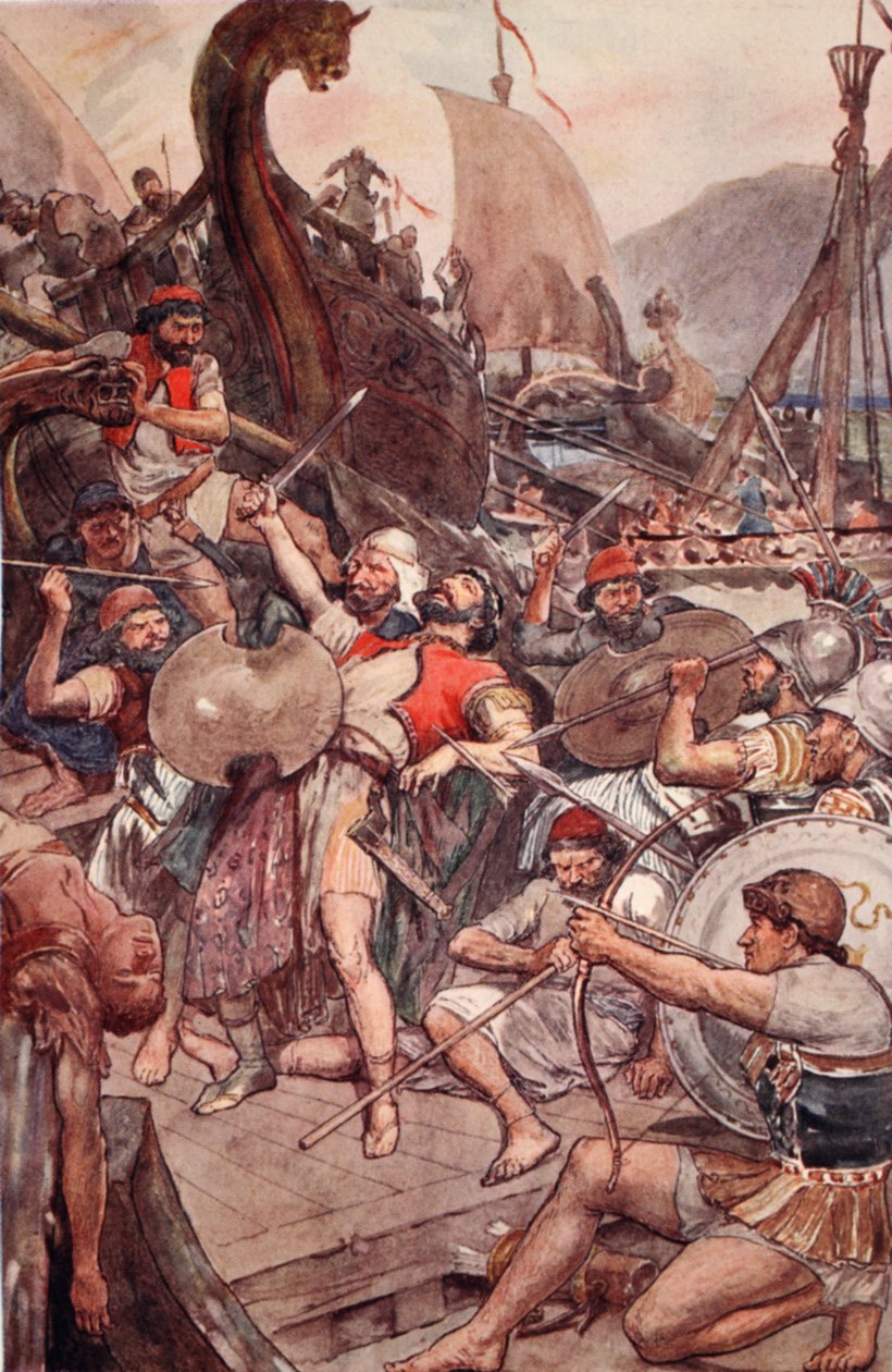 Śmierć perskiego admirała w Salamis, ilustracja z „Życia Plutarcha dla chłopców i dziewcząt”, opowiedziana przez W.H. Weston, Londyn ok. 1910 autorstwa William Rainey