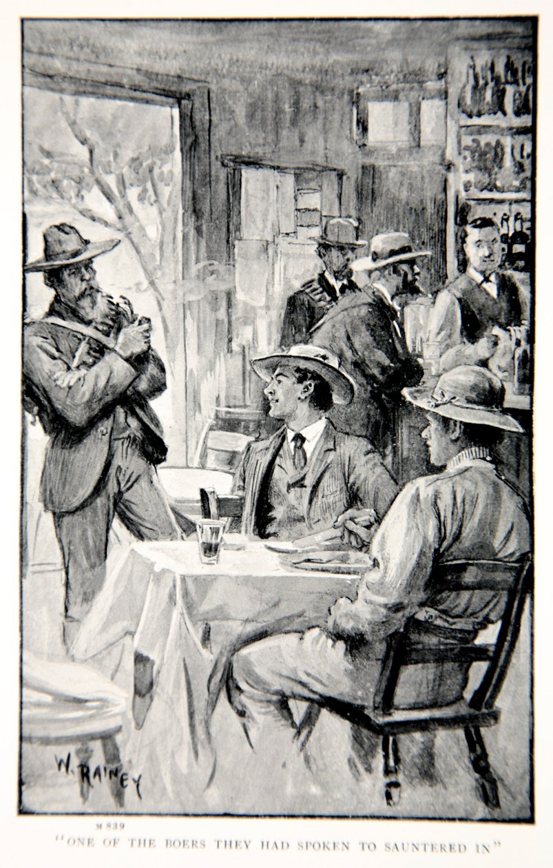 Jeden z Burów, z którymi rozmawiali, przeszedł obok, ilustracja z „With Roberts to Pretoria: A Tale of the South African War” autorstwa G.A. Henty, wyd. Londyn, 1902 autorstwa William Rainey