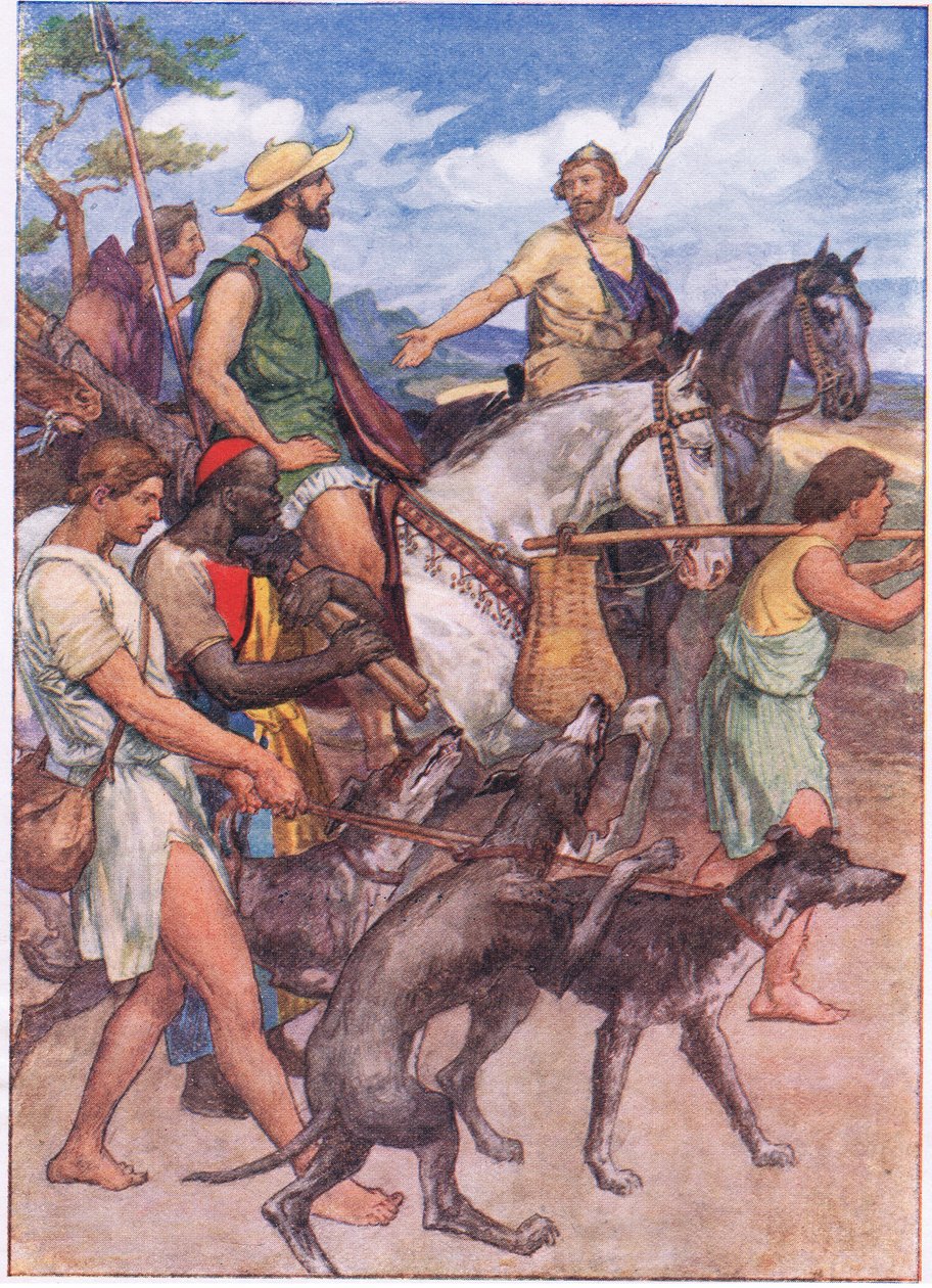 Pelopidas wyruszający do Teb, z Plutarch Lives opublikowanych przez T C & E C Jack Ltd, lata 20. autorstwa William Rainey