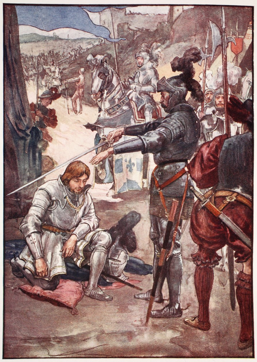 „Biorąc swój miecz, powiedział „Proszę Boga, Panie, abyś w czasie wojny nigdy nie uciekał”, ilustracja z „Historii Francji opowiedzianej chłopcom i dziewczętom” Mary Macgregor, 1920 autorstwa William Rainey