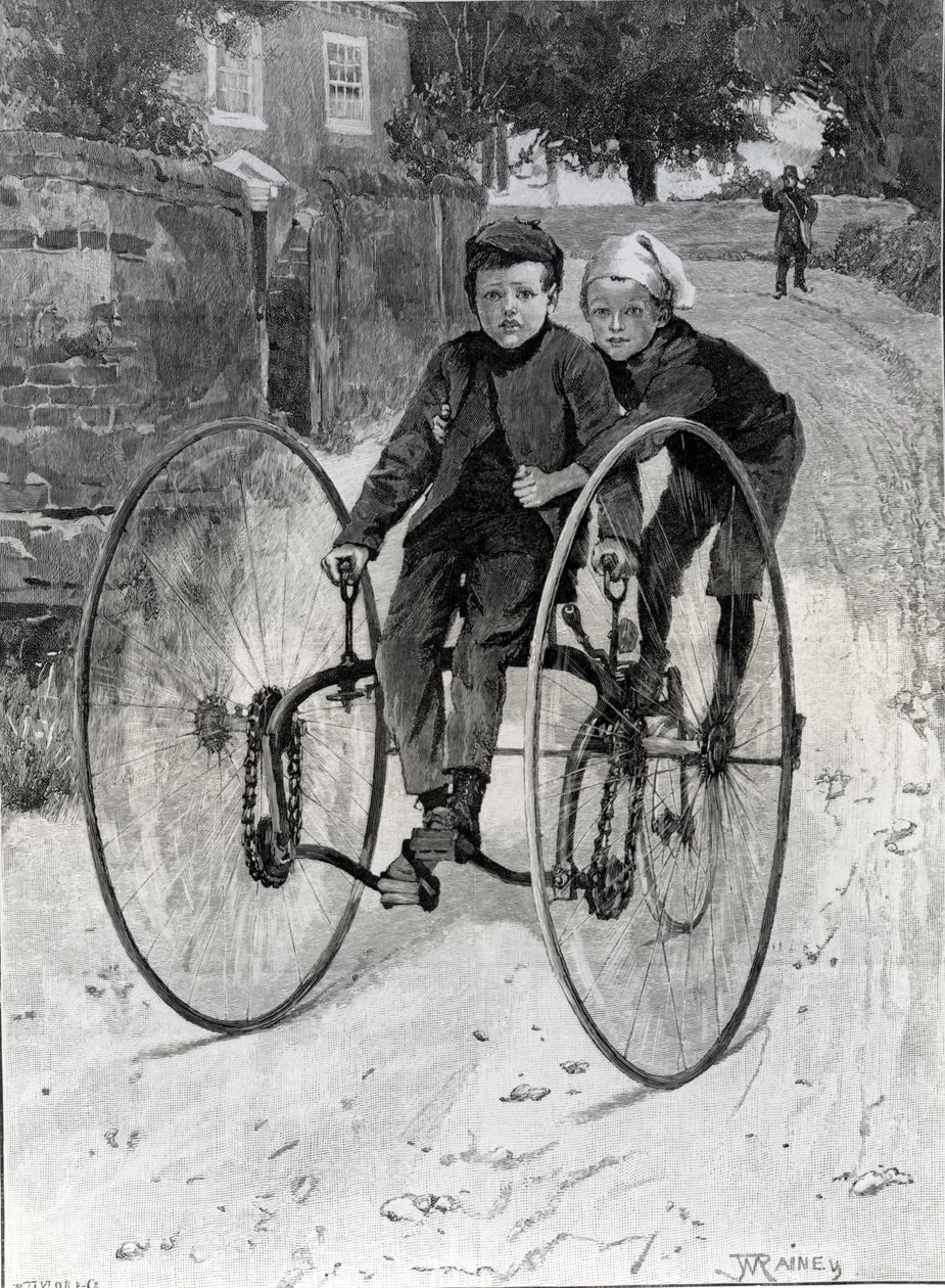 Skradziony rumak, dwaj chłopcy jadący na trójkołowcu, 1891 autorstwa William Rainey
