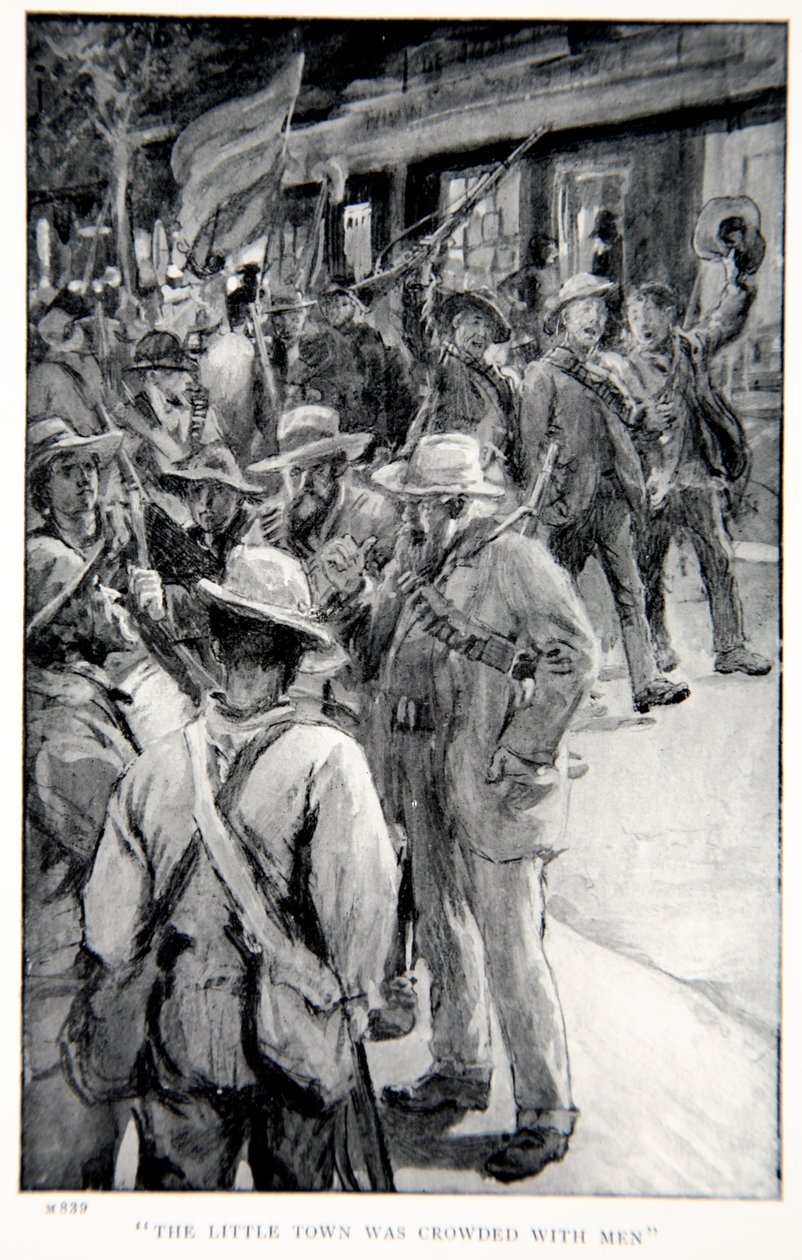 Małe miasteczko było zatłoczone mężczyznami, ilustracja z „Z Robertsem do Pretorii: Opowieść o wojnie południowoafrykańskiej” autorstwa G.A. Henty, wyd. Londyn, 1902 autorstwa William Rainey