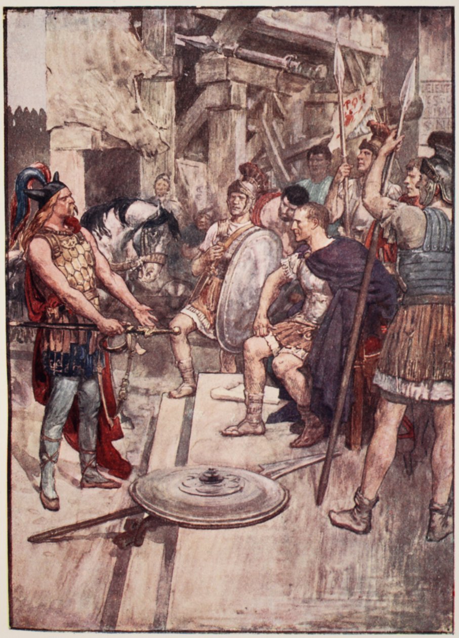„Wercyngetoryks rzucił ramiona u stóp swoich zdobywców”, płyta z „Historia Francji” Mary MacGregor, 1920 (kolorowa lito) autorstwa William Rainey