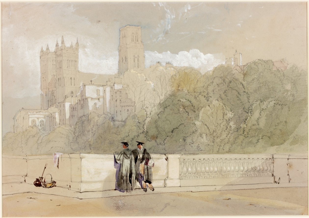 Katedra w Durham z Prebends Bridge – kolor nadwozia, ołówek i toaleta na papierze autorstwa William Roxby Beverley