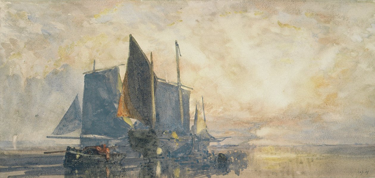 Łodzie rybackie na kotwicy: Zachód słońca, XIX w. (akwarela) autorstwa William Roxby Beverly