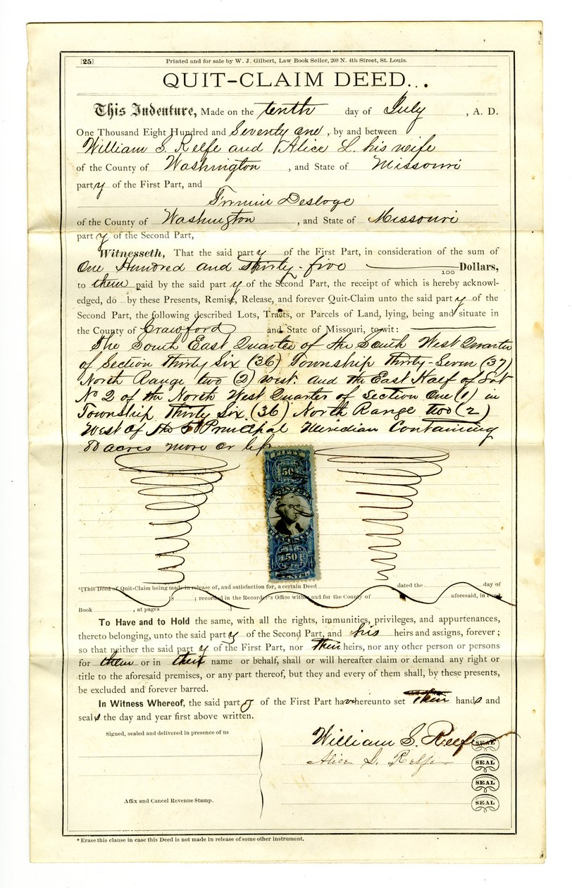 Akt wyłączenia podpisany przez Williama S. Reefe i Alice L. Reefe z Washington County, 10 lipca 1871 autorstwa William S. Reefe