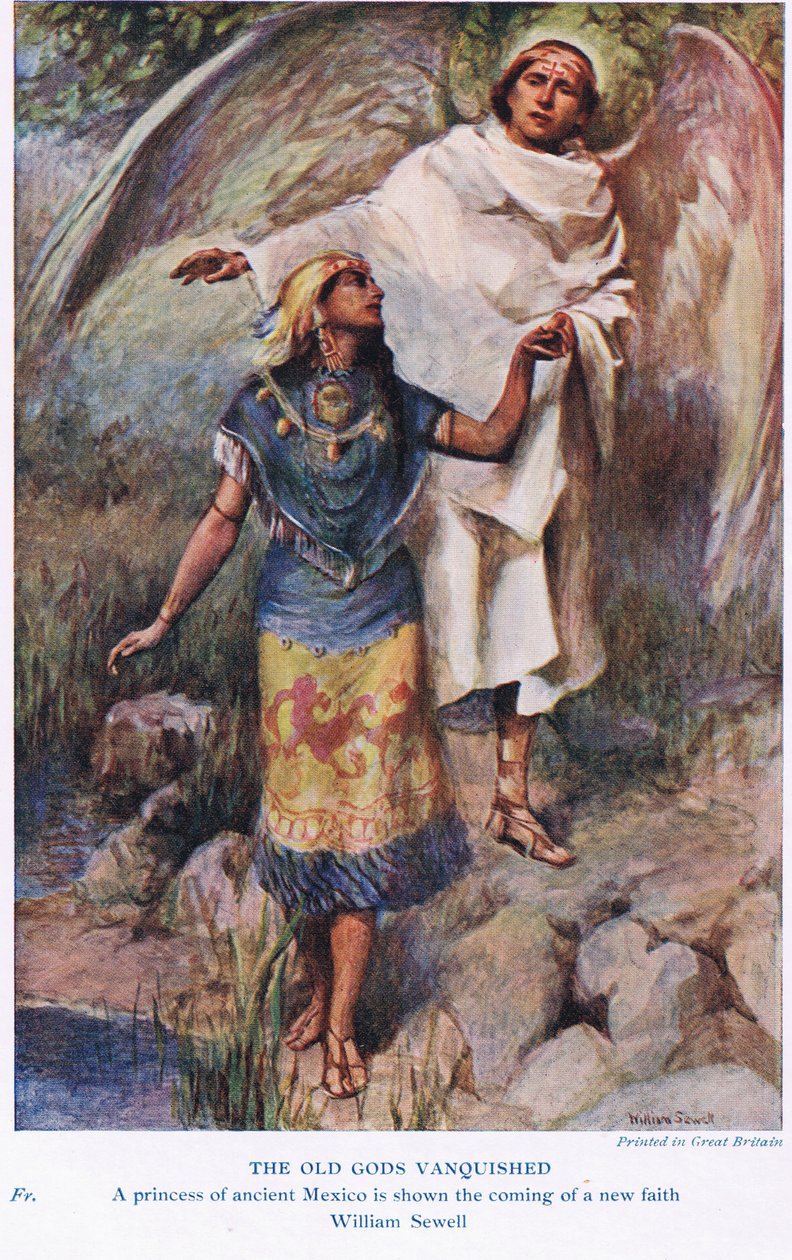 Pokonanie starych bogów - księżniczka Meksyku ukazana nadejście nowej wiary, ilustracja z „Księgi mitów” autorstwa William Sewell