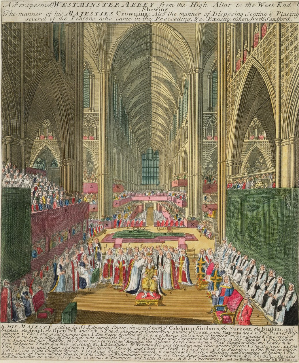 Koronacja króla Jakuba II (1633-1701) z księgi pamiątkowej Francisa Sandforda, wydanej po raz pierwszy w 1697 r. (kolorystyka) autorstwa William Sherwin