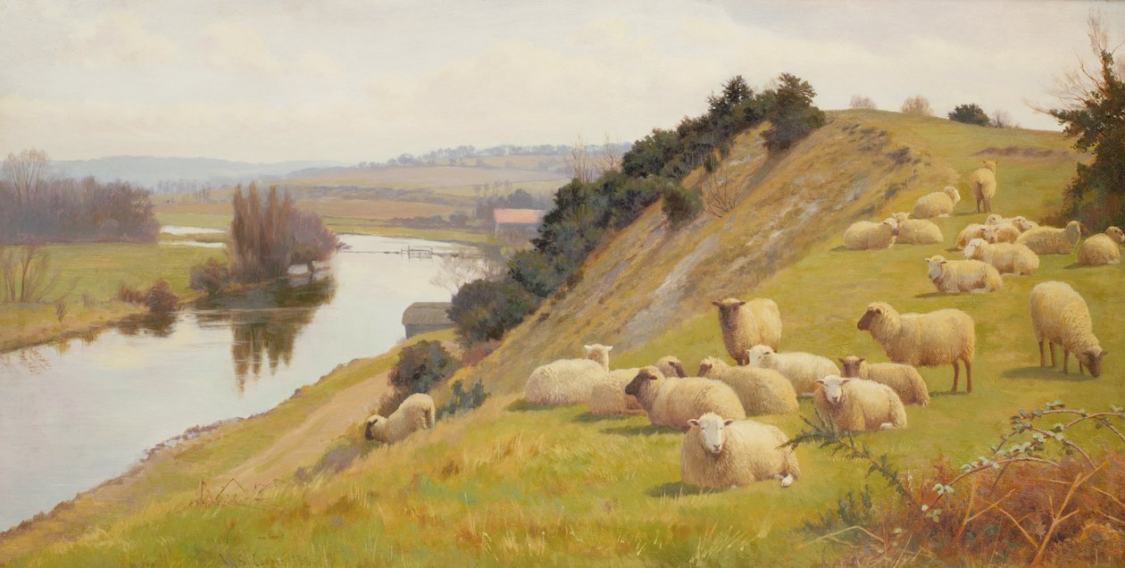 Nadrzeczne pastwisko z owcami autorstwa William Sidney Cooper
