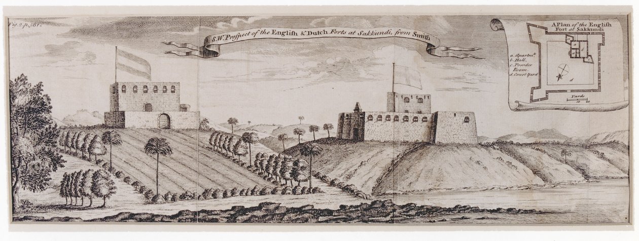 Południowo-zachodni widok na angielskie i holenderskie forty w Sakkundi, ok. 1744 r. autorstwa William Smith