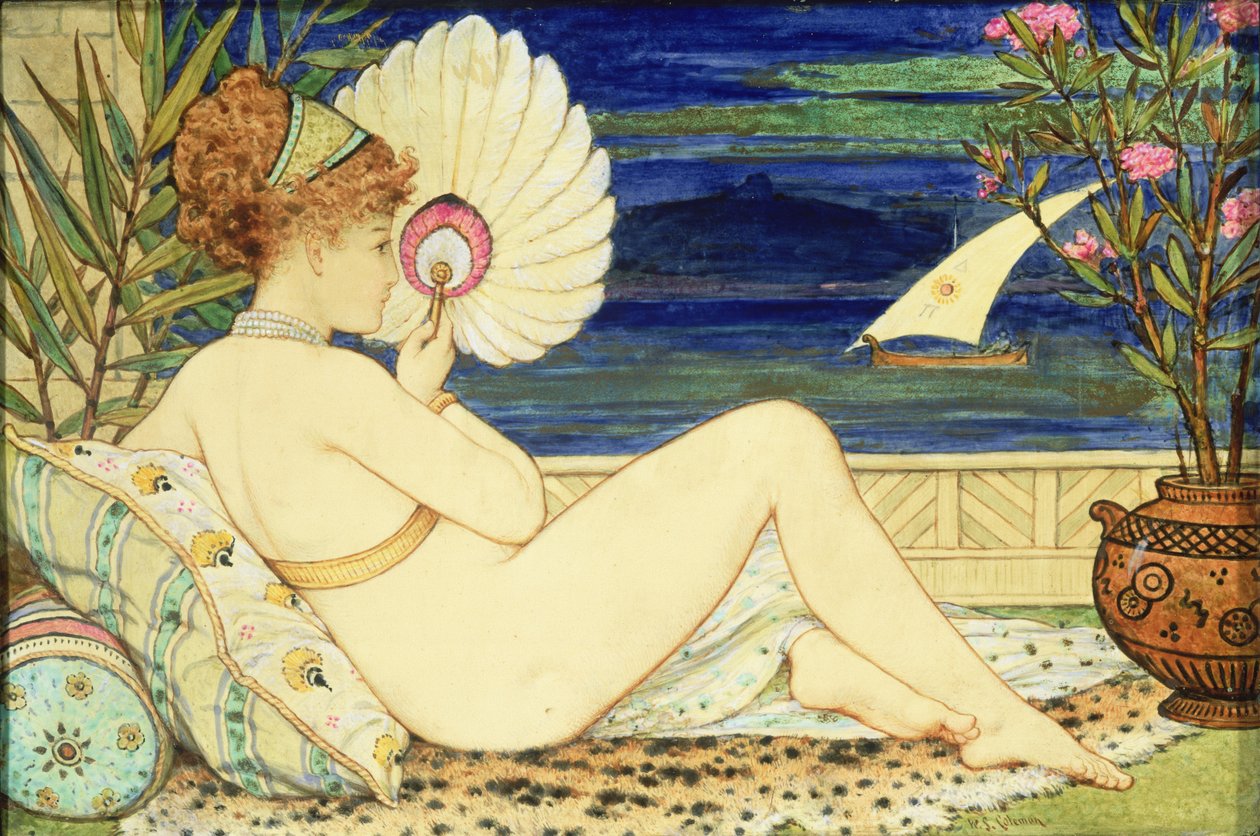 Kobieta z wachlarzem, Minton Art Pottery, ok.1872 (płytka malowana) autorstwa William Stephen Coleman