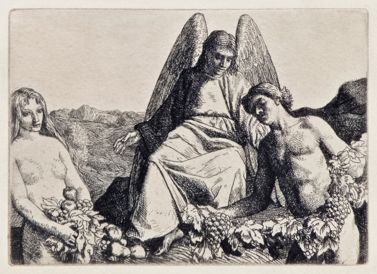 Adam i Ewa zabawiają Raphaela z Raju utraconego Johna Miltona (1608-1674) seria 12 ilustracji sztychowanych przez Williama Stranga (1859-1921) autorstwa William Strang
