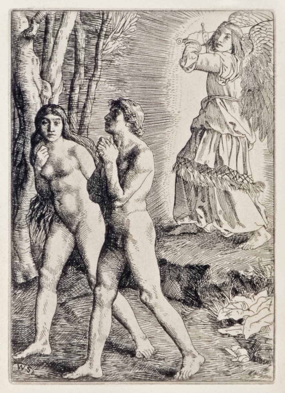 Adam i Ewa Wygnani z Raju z Raju Utraconego John Milton (1608-1674) seria 12 ilustracji sztychowanych przez Williama Stranga (1859-1921) autorstwa William Strang