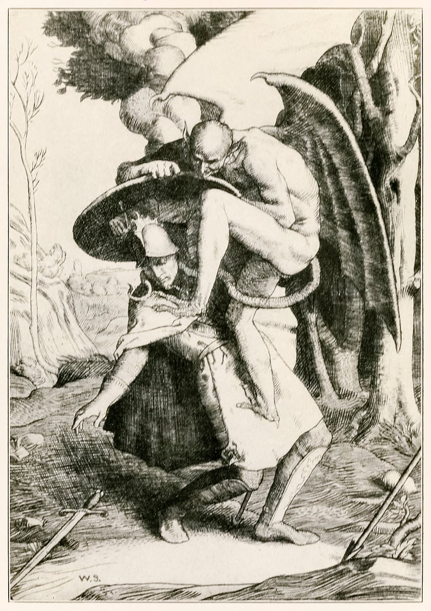 Chrześcijanin walczy z Apollyonem z filmu Pielgrzymi Postęp z tego świata, do tego, który ma nadejść John Bunyan (1628-1688) ilustracja Williama Stranga (1859-1921) Chrześcijanin walczy z Apollyonem w Va autorstwa William Strang