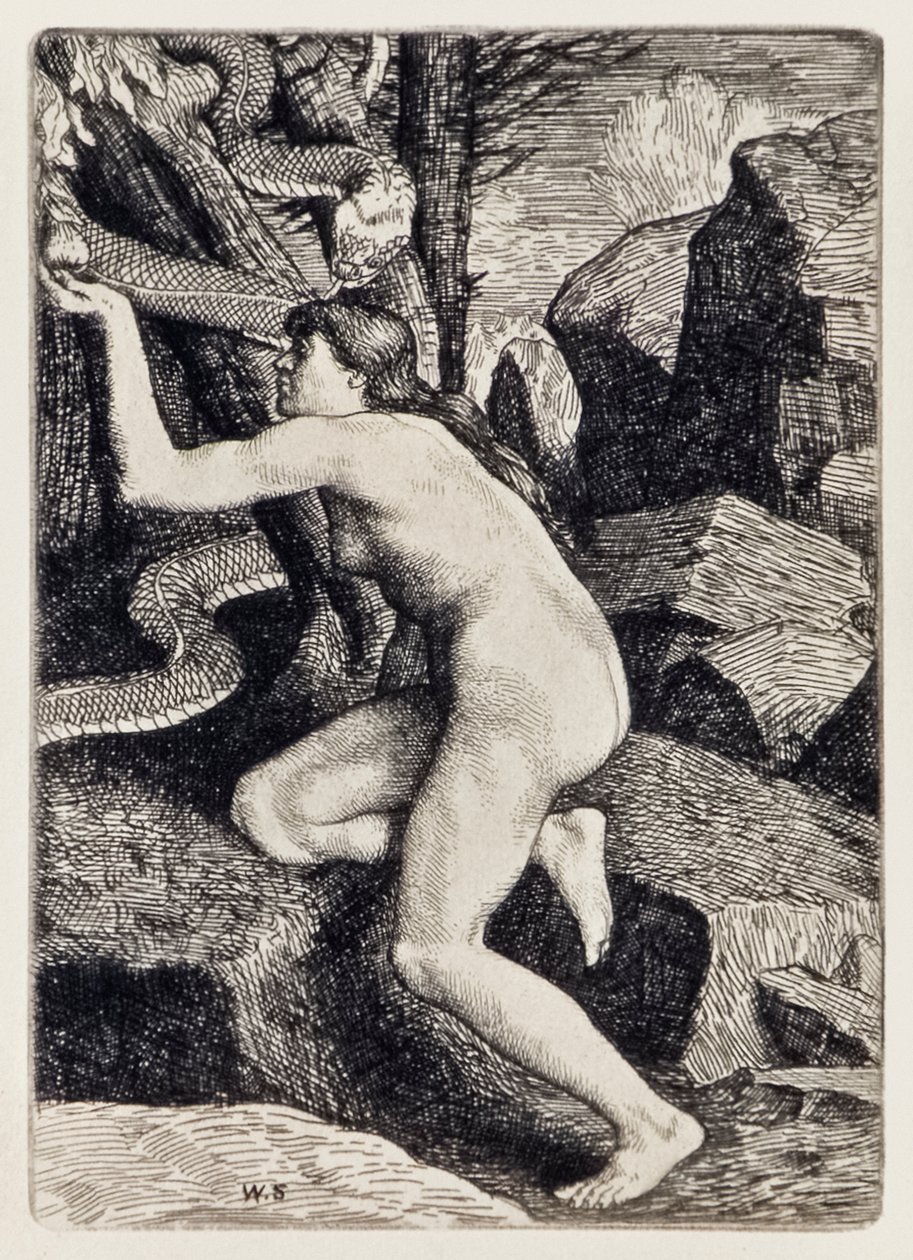 Ewa kuszona przez szatana w postaci węża z raju utraconego John Milton (1608-1674) seria 12 ilustracji sztychowanych przez Williama Stranga (1859-1921) autorstwa William Strang