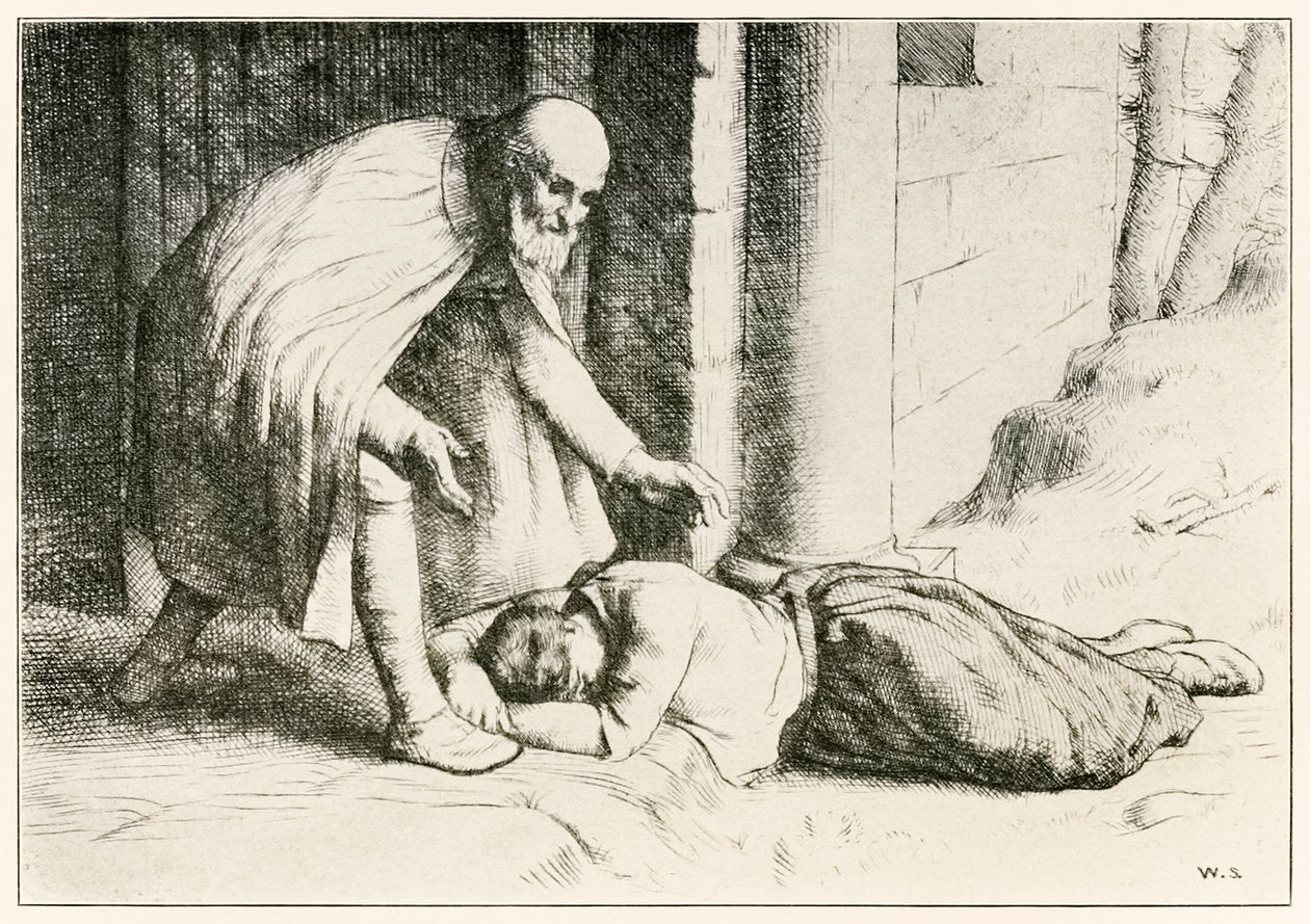 Miłosierdzie mdleje przed Bramą z filmu „Wędrówka pielgrzymów z tego świata, do tego, co ma nadejść” Johna Bunyana (1628-1688) ilustracja Williama Stranga (1859-1921) autorstwa William Strang