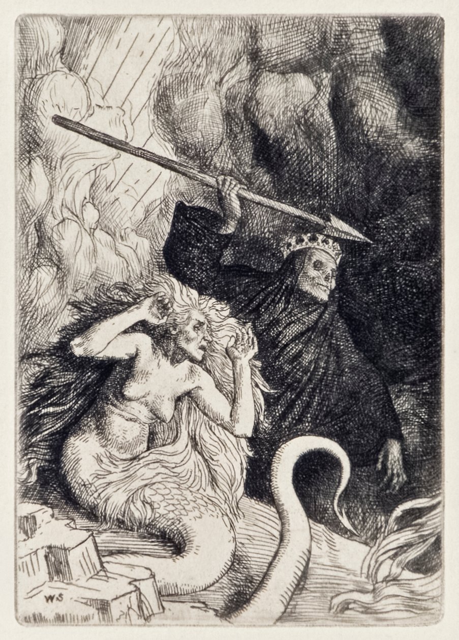 Grzech i śmierć u bram piekła z raju utraconego Johna Miltona (1608-1674) seria 12 ilustracji sztychowanych przez Williama Stranga (1859-1921) autorstwa William Strang