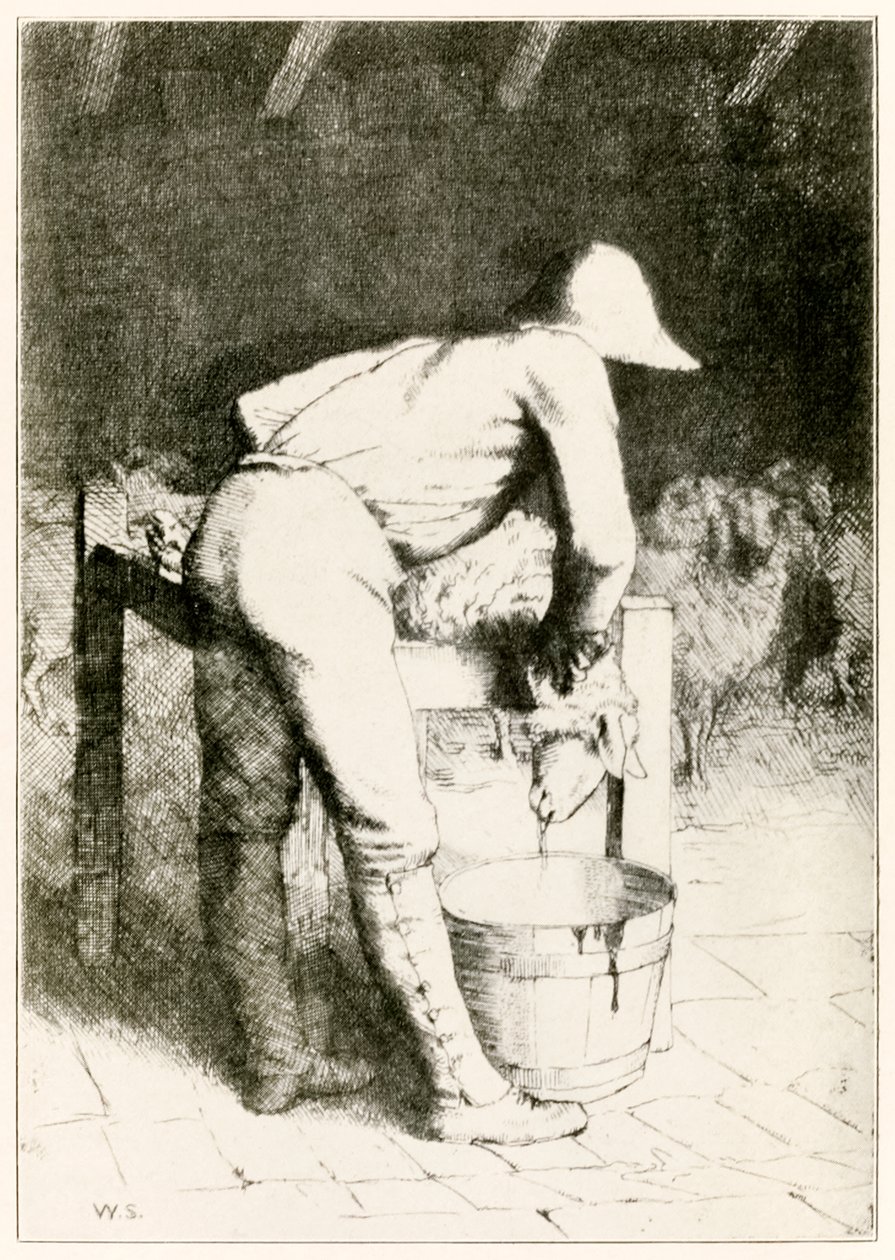 Rzeźnik i owca z filmu Pielgrzymi wędrują z tego świata, do tego, co ma nadejść Johna Bunyana (1628-1688) ilustracja Williama Stranga (1859-1921) Owca umiera w ciszy autorstwa William Strang