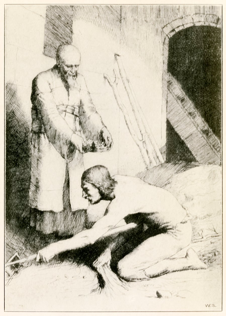 Człowiek z Muckrake z filmu „Pielgrzymi wędrują z tego świata, do tego, co ma nadejść” Johna Bunyana (1628-1688) ilustracja Williama Stranga (1859-1921) W Domu Tłumaczy mężczyzna c autorstwa William Strang