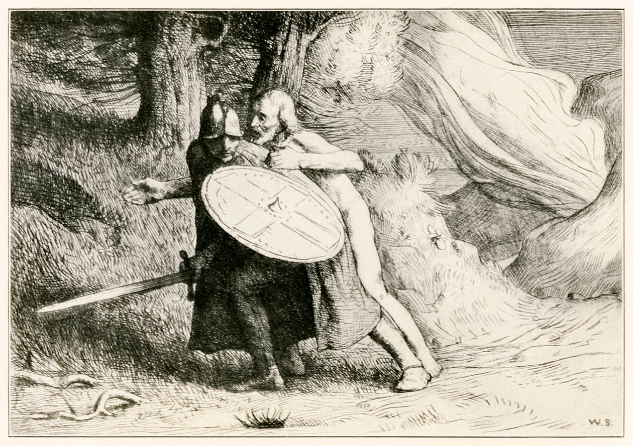 Dolina Cienia Śmierci z filmu The Pilgrims Progress From This World, To That Co Ma przyjść Johna Bunyana (1628-1688) ilustracja Williama Stranga (1859-1921) Christian podaje usta autorstwa William Strang