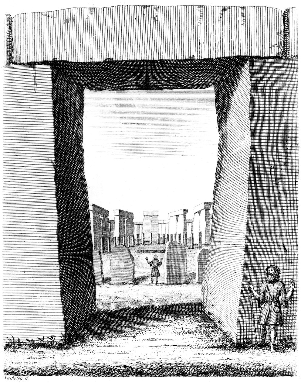 Widok przez tryliton Stonehenge, 1740 autorstwa William Stukeley