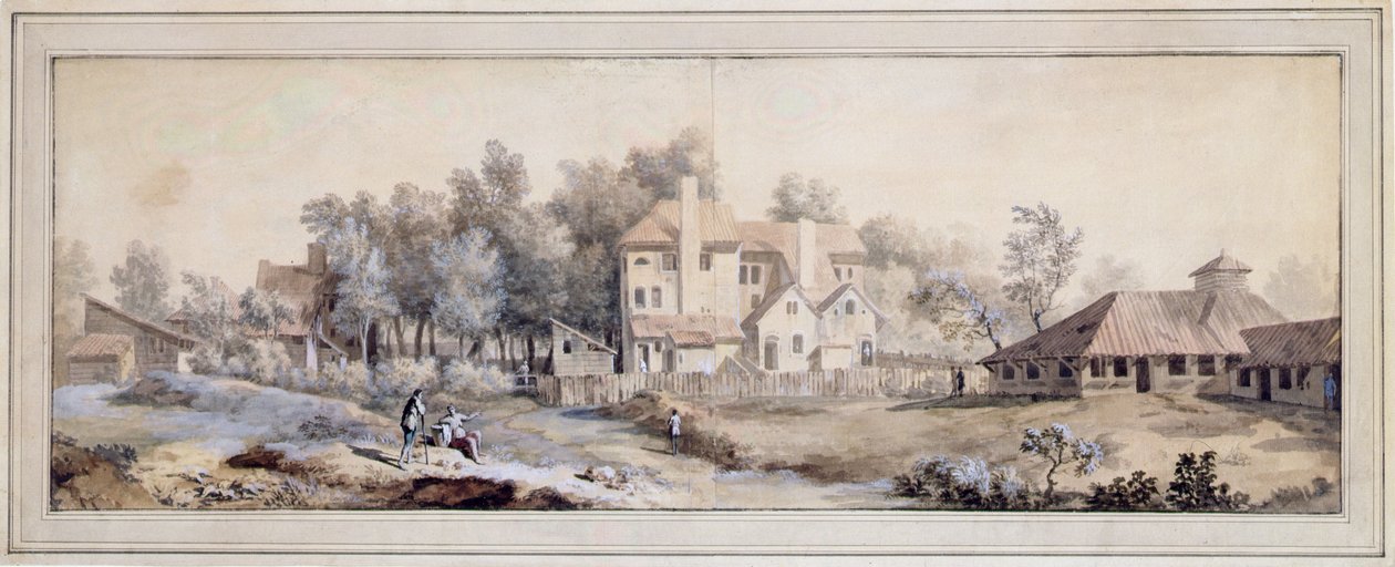 Krajobraz z budynkami: prawdopodobnie w Richmond, Surrey (wc na papierze) autorstwa William Taverner