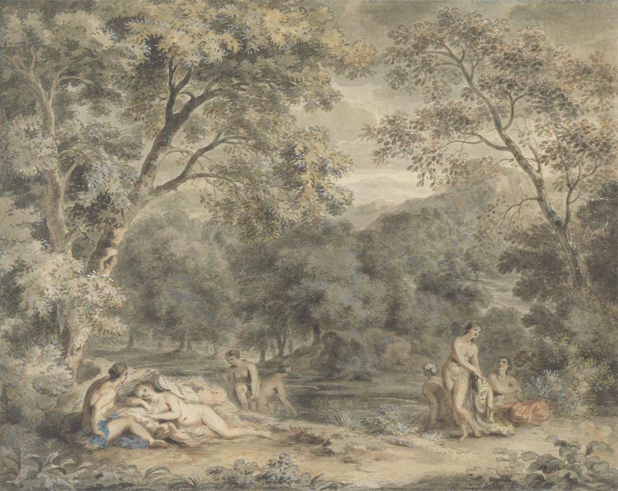 Nimfy kąpiące się na zalesionej polanie, ok. 1765-70 (toaleta i gwasz na papierze) autorstwa William Taverner