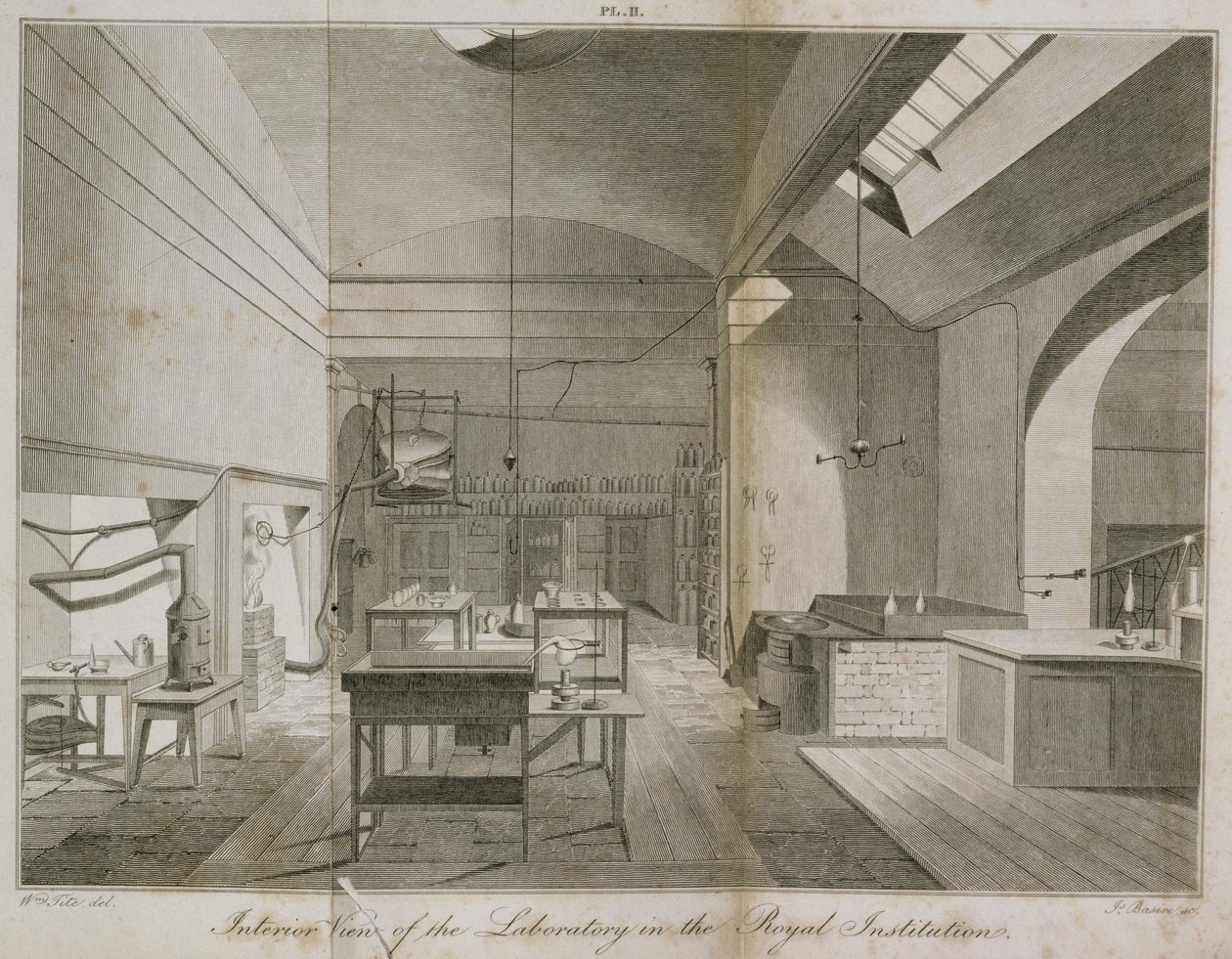 Wnętrze laboratorium w piwnicy Royal Institutions, z Manual of Chemistry, W.T. Brande, grawerowane przez James Basire, 1819 akwaforta autorstwa William Tite