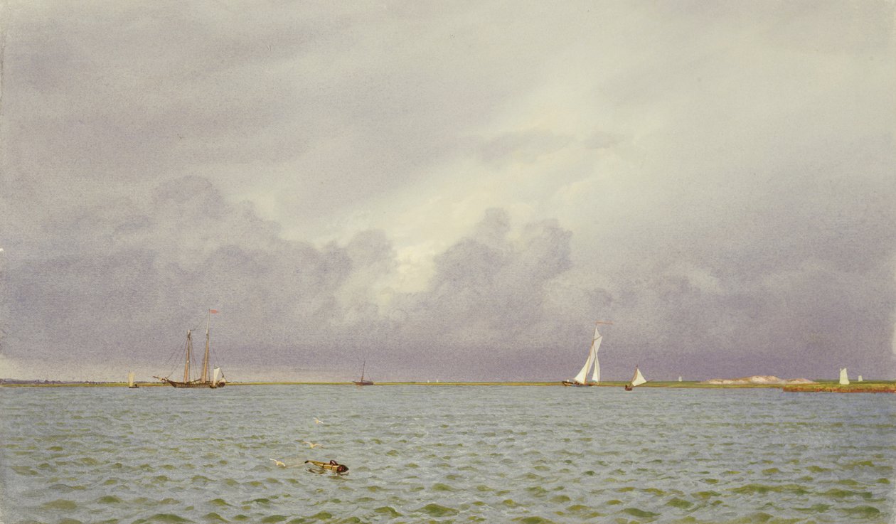 Marine z jachtami, 1865-75 (wc i gwasz na zielono-szarym papierze tkanym) autorstwa William Trost Richards