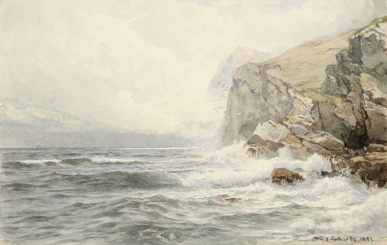 Rozbijanie się fali o przybrzeżne skały, 1887 (wc i grafit na kremowym papierze) autorstwa William Trost Richards